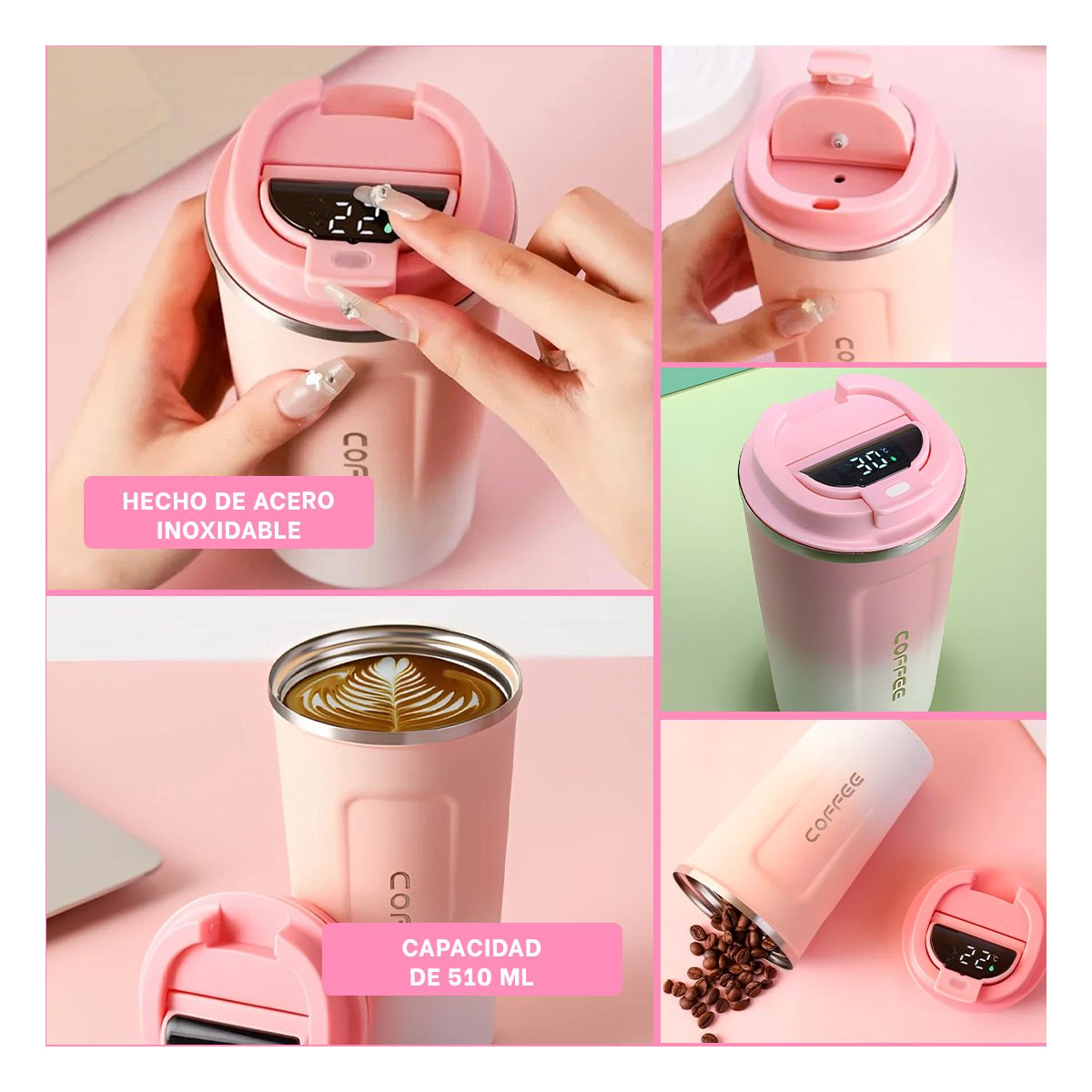 VASO DIGITAL 510ML ROSADO CON BLANCO MANTIENE CAFÉ CALIENTE Y TÉ DIARIO - 2