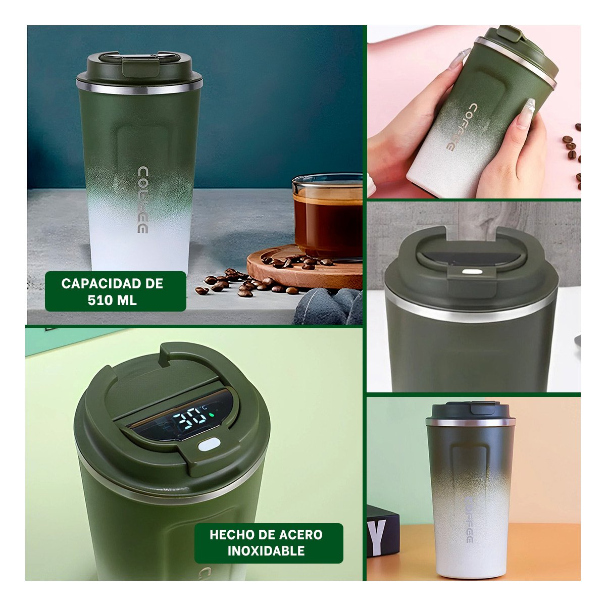 PACK2 CÁLIZ DIGITAL 510ML VERDE CON BLANCO PORTÁTIL ELEGANTE Y FUNCIONAL OFICINA Y+PAPEL REGALO - 3