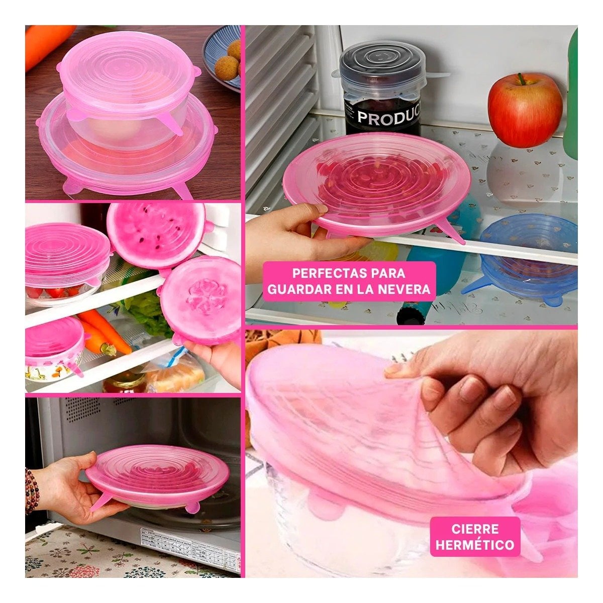 KIT 6 TAPAS SILICONA EXTENSIBLES REUTILIZABLES ROSADO SEGURO Y PRACTICO Y+PAPEL REGALO - 3