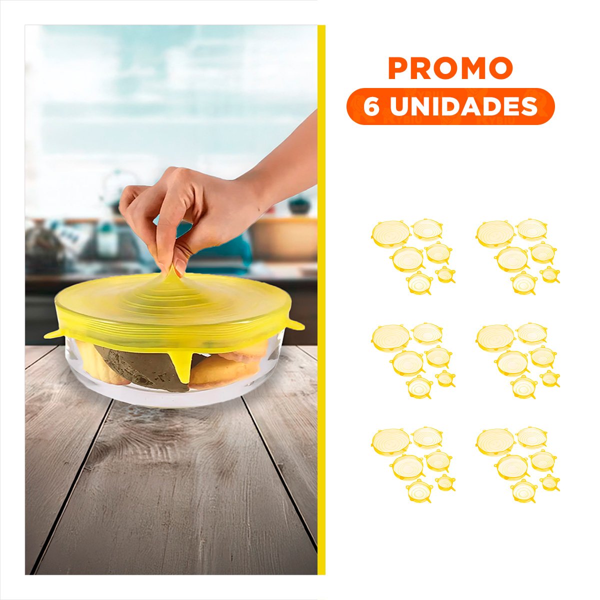PACK6 SET 6 TAPAS SILICONA EXTENSIBLES AMARILLO FACIL TRANSPORTAR Y+REGALO STICKER - 1