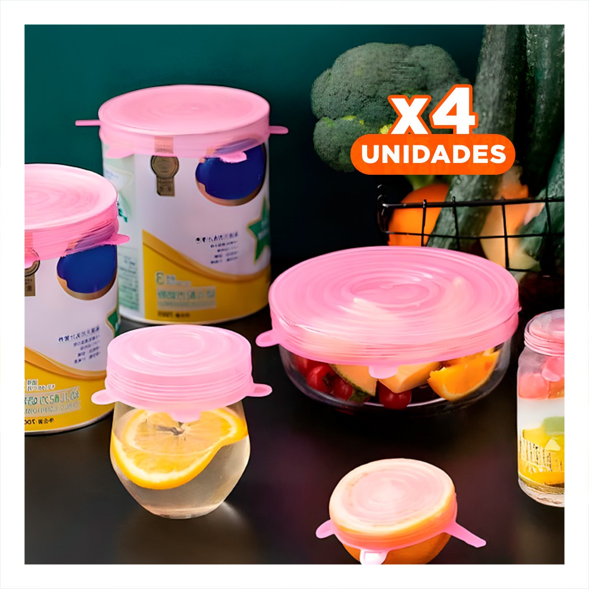 PACK4 RECIPIENTE 6 TAPAS SILICONA EXTENSIBLES ROSADO COMPACTO Y SEGURO Y+PAPEL REGALO - 1