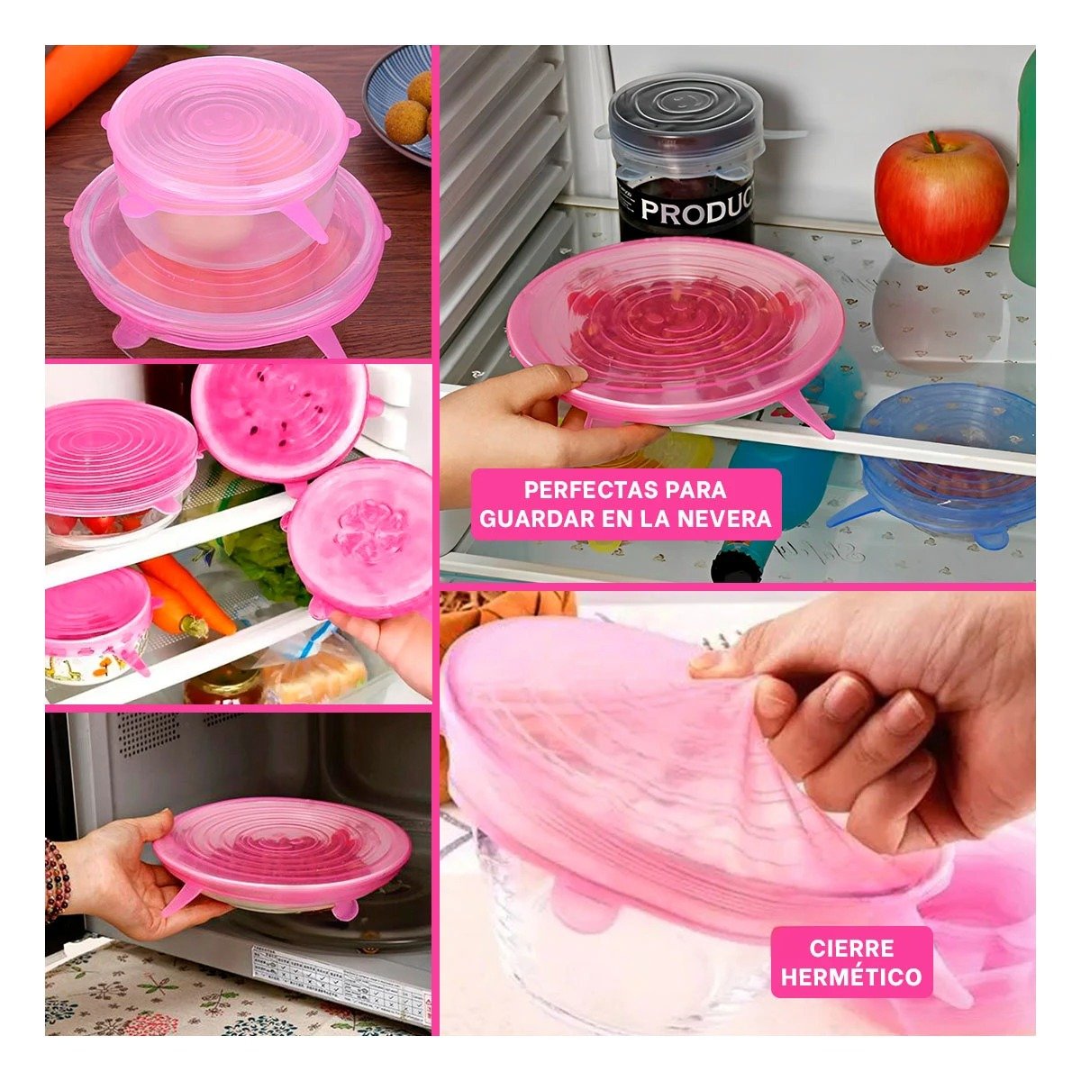 KIT 6 TAPAS SILICONA EXTENSIBLES REUTILIZABLES ROSADO COMPACTO Y FACIL USO Y+POST IT - 2