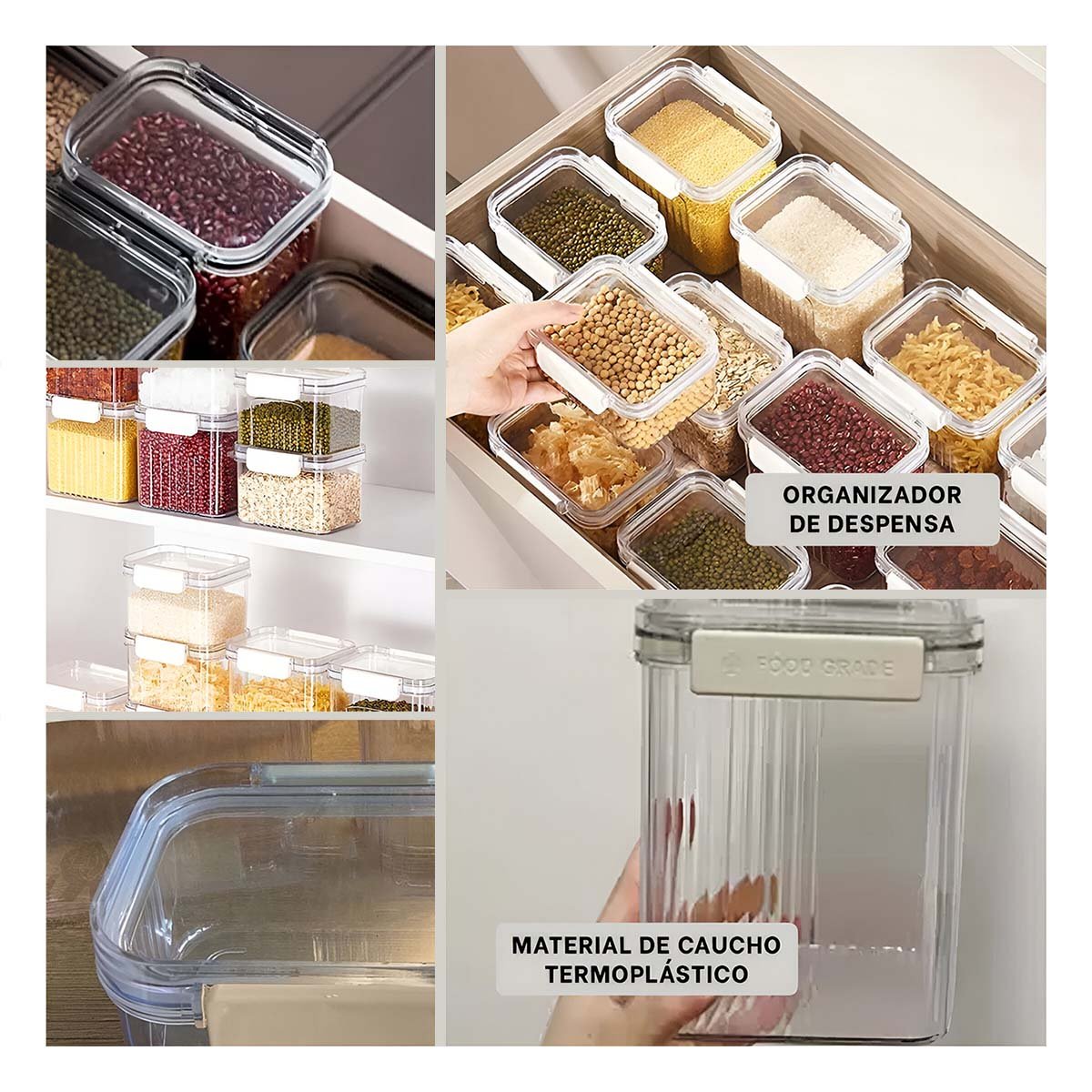 CONTENEDORES ALIMENTOS ACRILICO SET 5 TRANSPARENTE COMPACTO CON TAPA SEGURO Y+LIGAS REGALO - 1