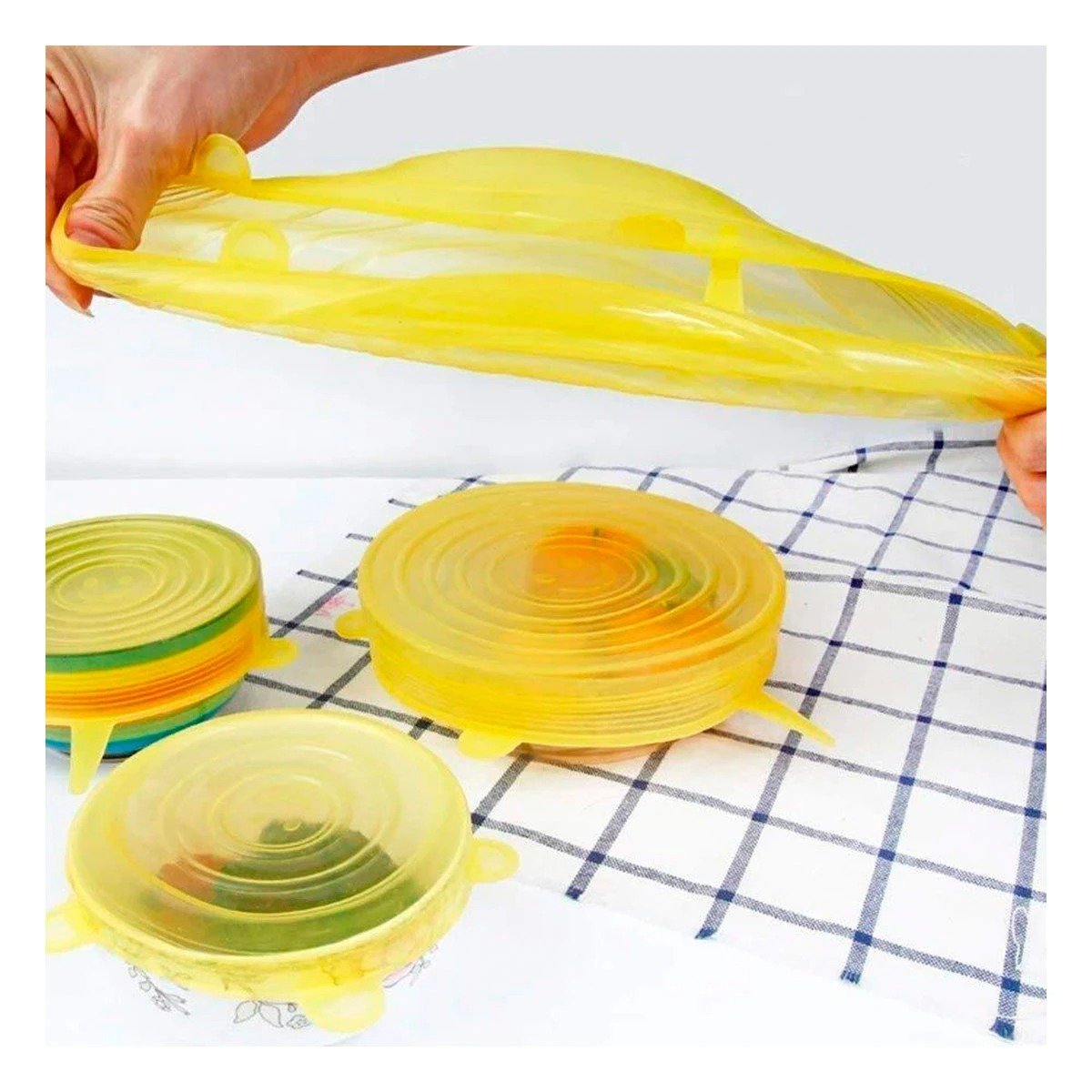 PACK4 SET 6 TAPAS SILICONA EXTENSIBLES AMARILLO FACIL USO COCINA Y+REGALO STICKER - 5