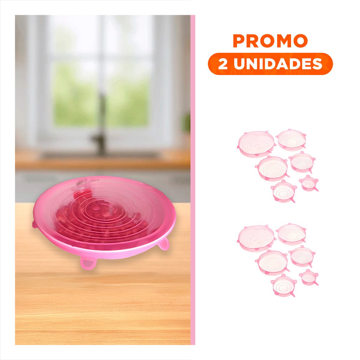 PACK2 RECIPIENTE 6 TAPAS SILICONA EXTENSIBLES ROSADO CON DISENO FACIL Y+REGALO STICKER - 1