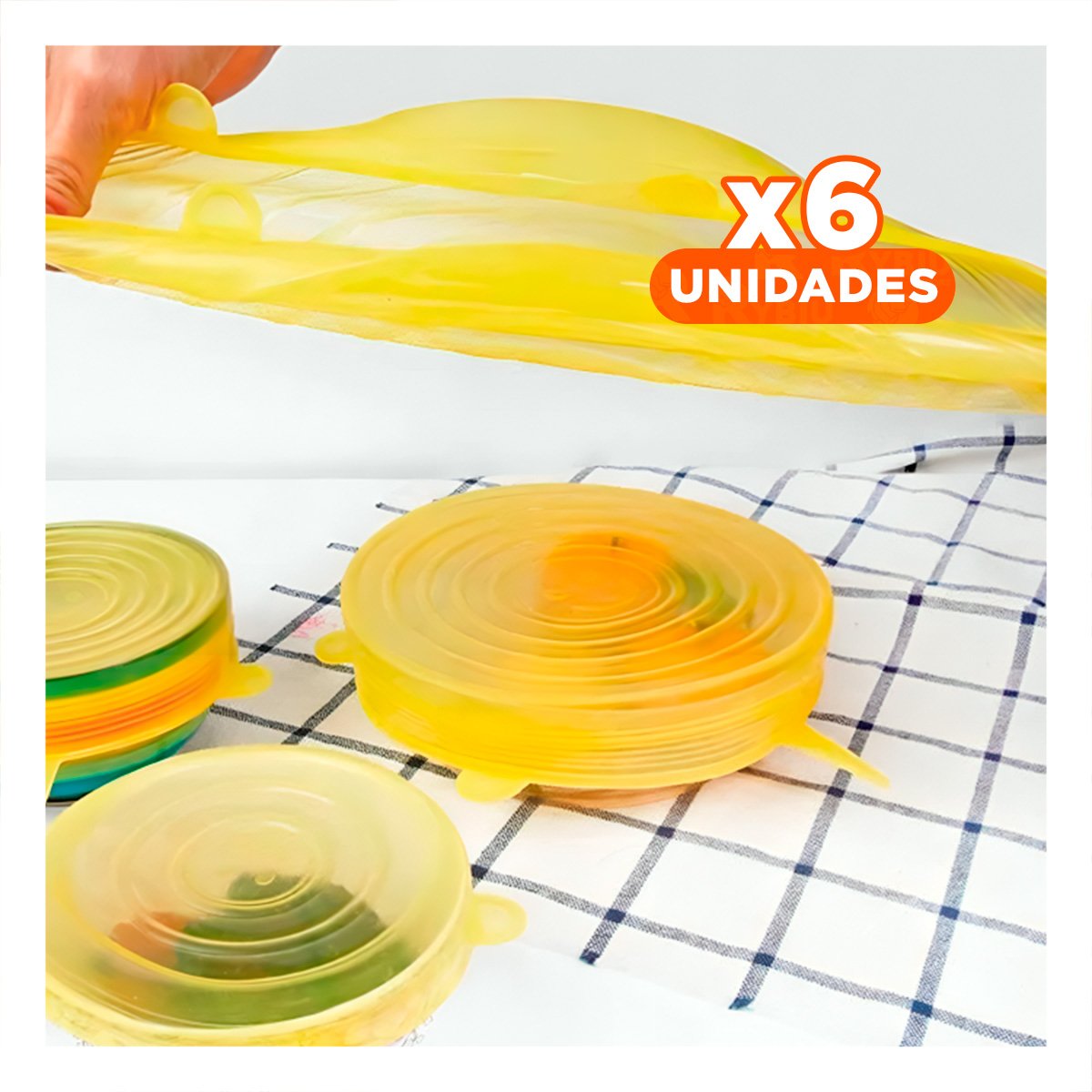 PACK6 SET 6 TAPAS SILICONA EXTENSIBLES AMARILLO CON DISENO FACIL Y+PAPEL REGALO - 1