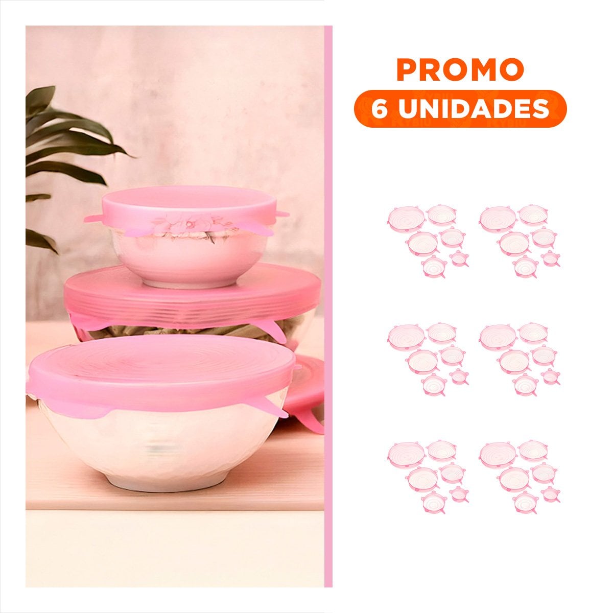 PACK6 ACCESORIO 6 TAPAS SILICONA EXTENSIBLES ROSADO FACIL TRANSPORTAR Y+REGALO STICKER - 1