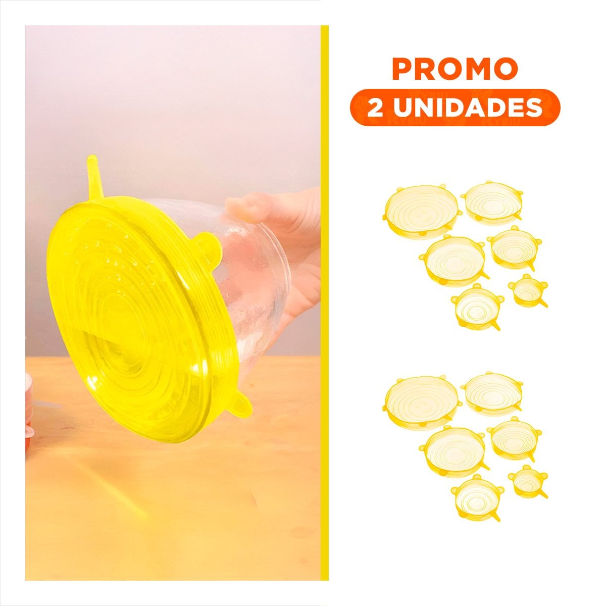 PACK2 KIT 6 TAPAS SILICONA EXTENSIBLES AMARILLO CON DISENO FACIL Y+REGALO STICKER - 1