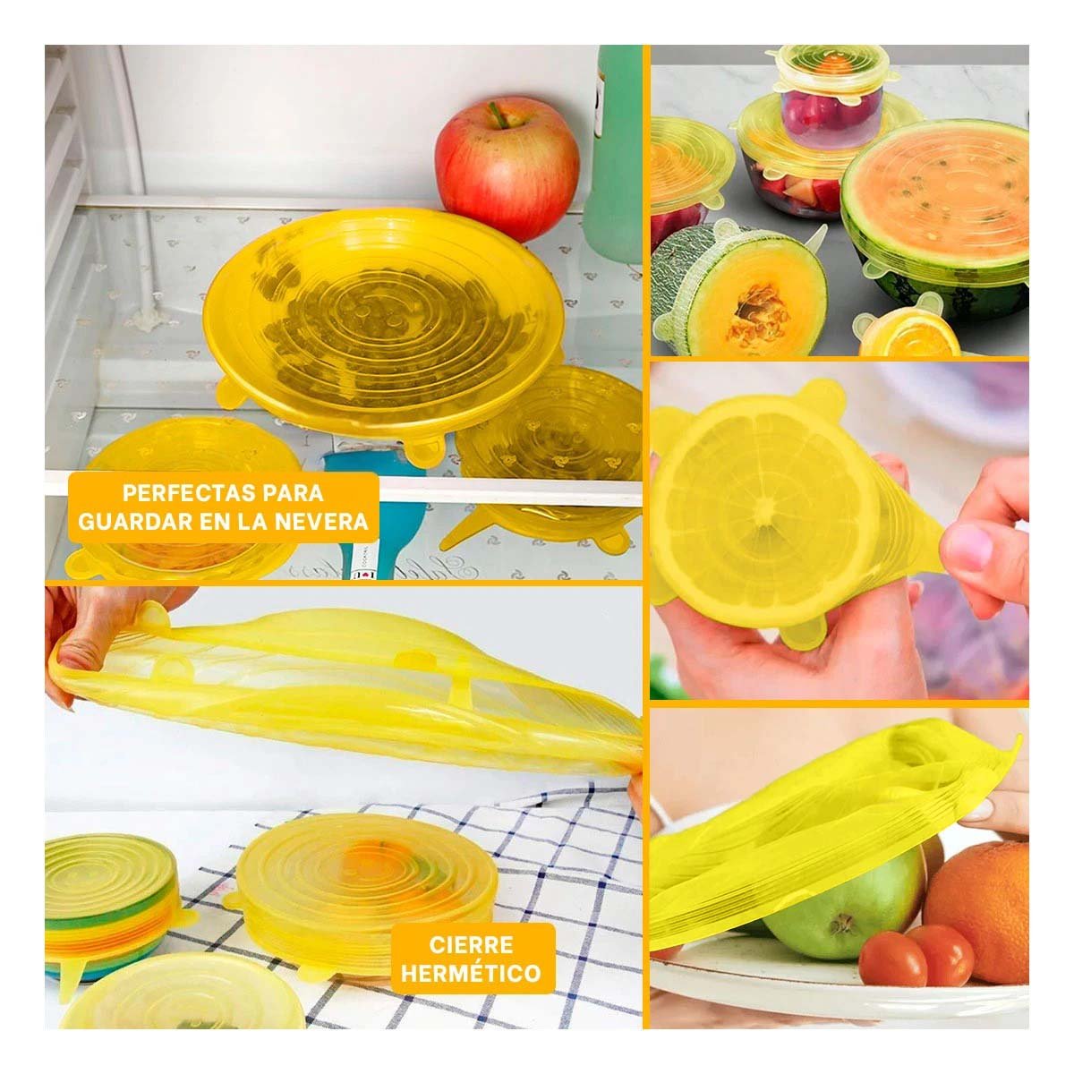 HERRAMIENTA 6 TAPAS SILICONA EXTENSIBLES AMARILLO FACIL USO DIARIO Y+PAPEL REGALO - 3