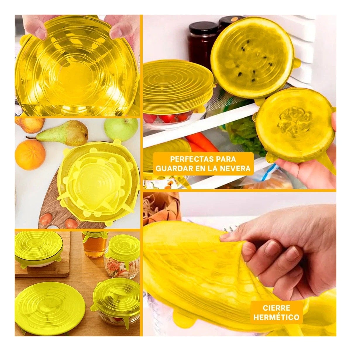 HERRAMIENTA 6 TAPAS SILICONA EXTENSIBLES AMARILLO CON DISENO FACIL Y+LIGAS REGALO - 1