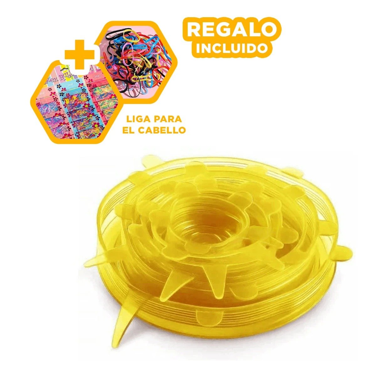 HERRAMIENTA 6 TAPAS SILICONA EXTENSIBLES AMARILLO CON DISENO FACIL Y+LIGAS REGALO - 2