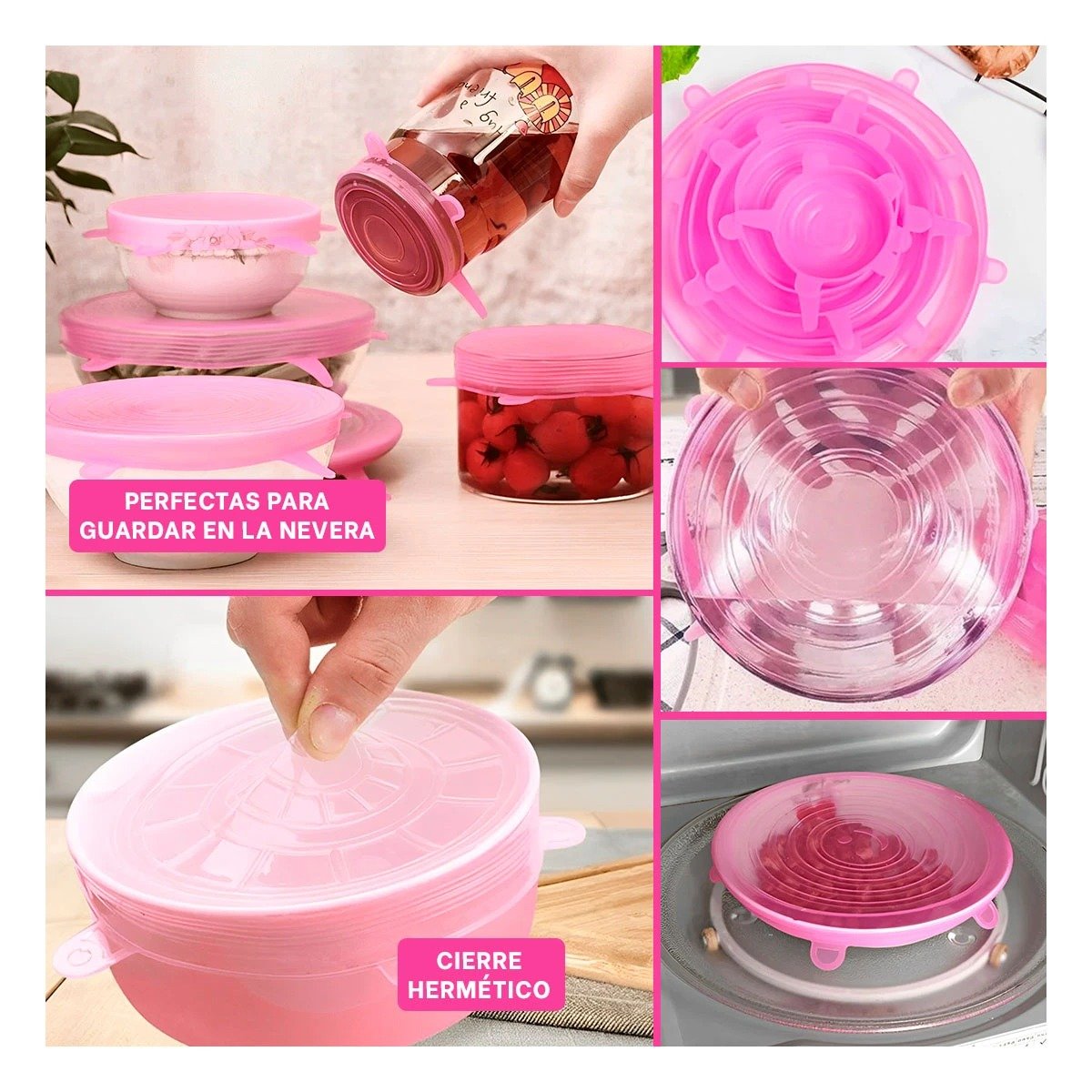 KIT 6 TAPAS SILICONA EXTENSIBLES REUTILIZABLES ROSADO FACIL LIMPIAR RAPIDO Y+LIGAS REGALO - 1