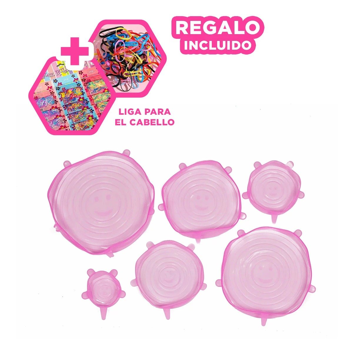 KIT 6 TAPAS SILICONA EXTENSIBLES REUTILIZABLES ROSADO FACIL LIMPIAR RAPIDO Y+LIGAS REGALO - 2