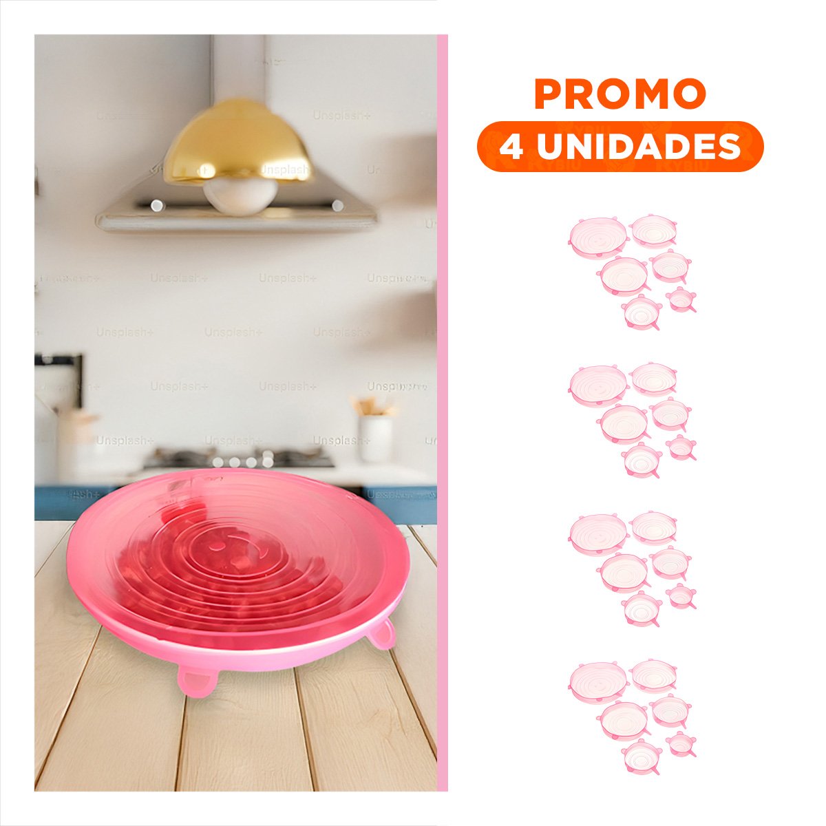 PACK4 RECIPIENTE 6 TAPAS SILICONA EXTENSIBLES ROSADO FACIL LIMPIAR - 1