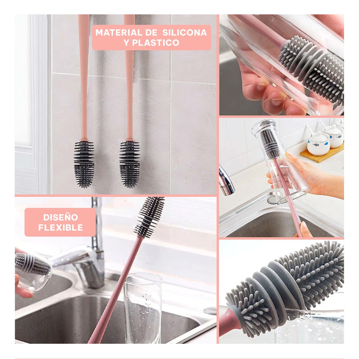 CEPILLO DE SILICONO PARA LIMPIAR BOTELLAS ROSADO PARA BRINDAR COMODIDAD EN CASA Y+POST IT - 2