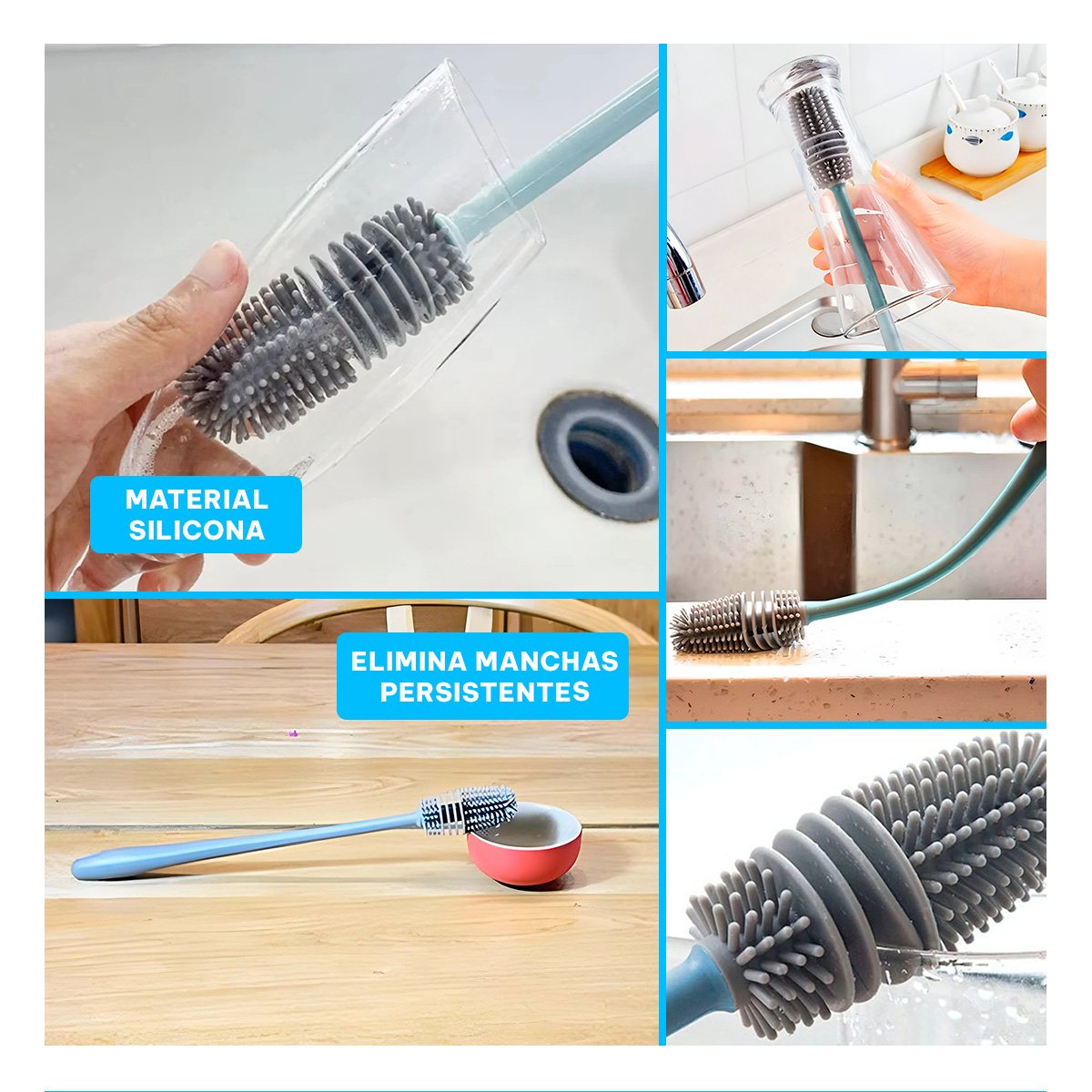 CEPILLO DE SILICONO PARA LIMPIAR BOTELLAS CELESTE PARA BRINDAR COMODIDAD EN CASA Y+POST IT - 2