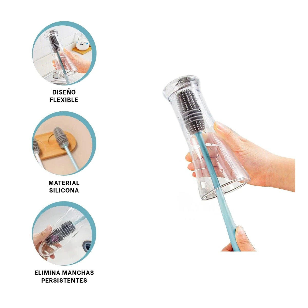 CEPILLO DE SILICONO PARA LIMPIAR BOTELLAS CELESTE PARA BRINDAR COMODIDAD EN CASA Y+POST IT - 5