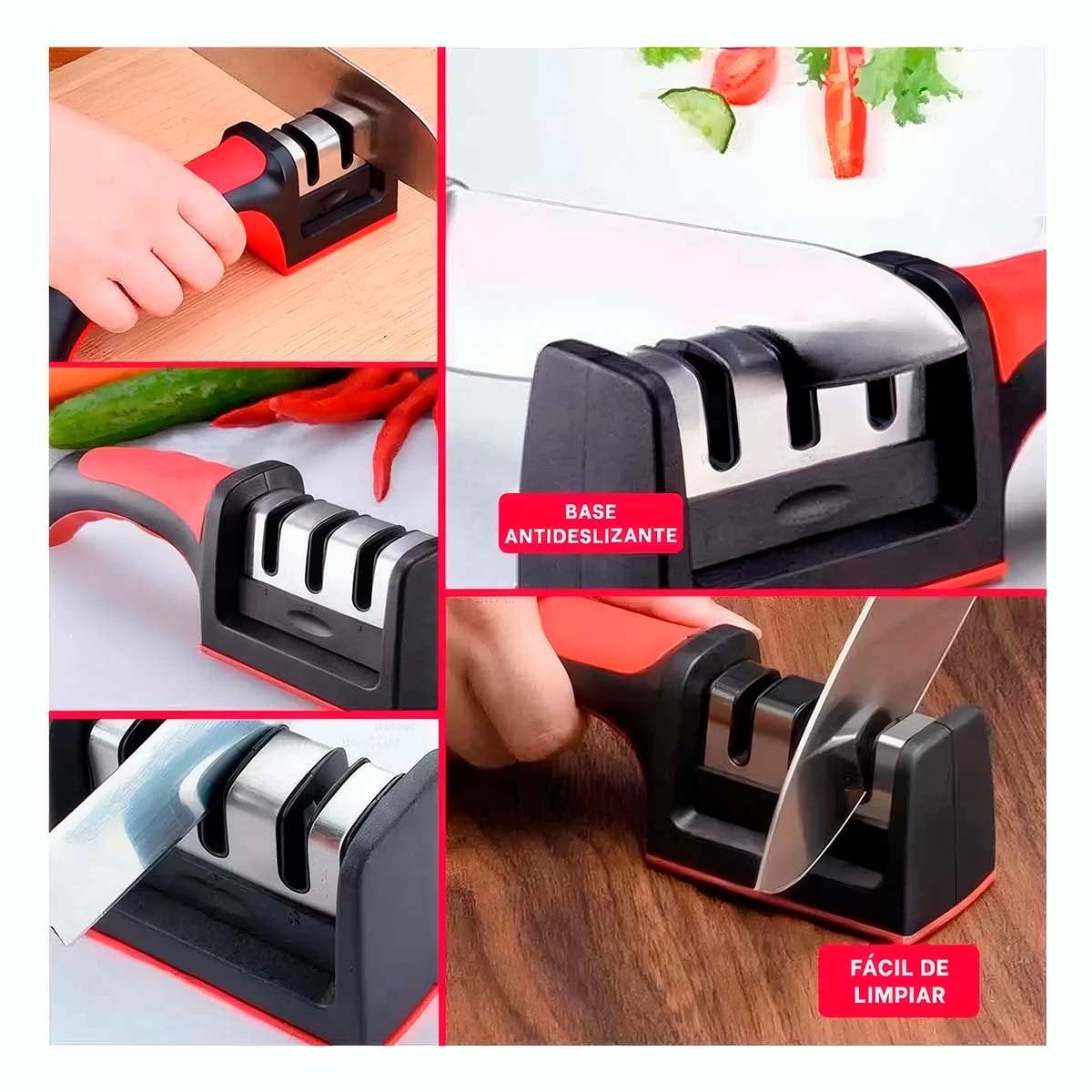 AFILADOR COCINA 3 TIEMPOS MANGO PLASTICO ROJO NEGRO FACIL MANTENER Y+POST IT - 2