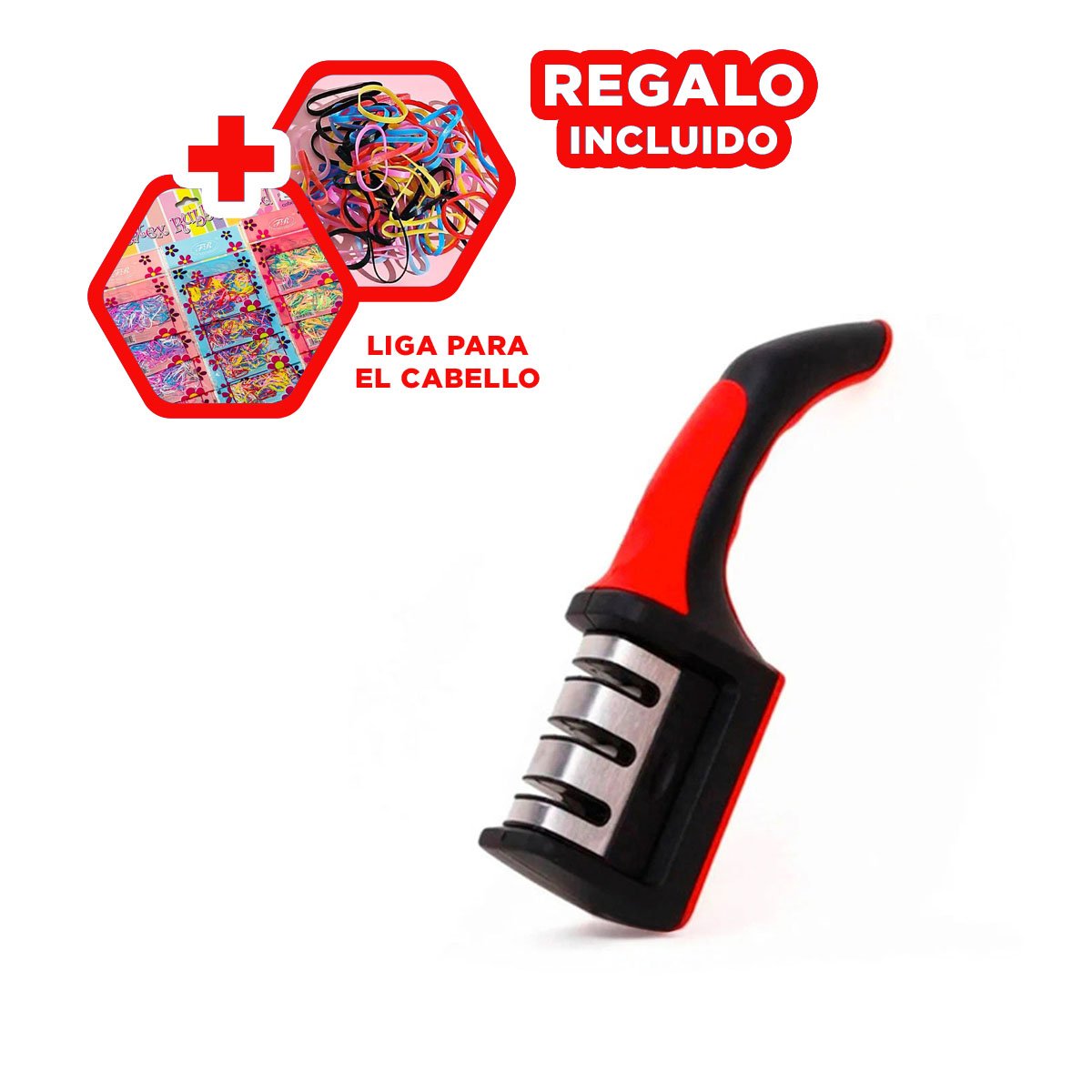 AFILADOR COMPACTO 3 TIEMPOS MANGO PLASTICO ROJO NEGRO SEGURO DURABLE Y+LIGAS REGALO - 2