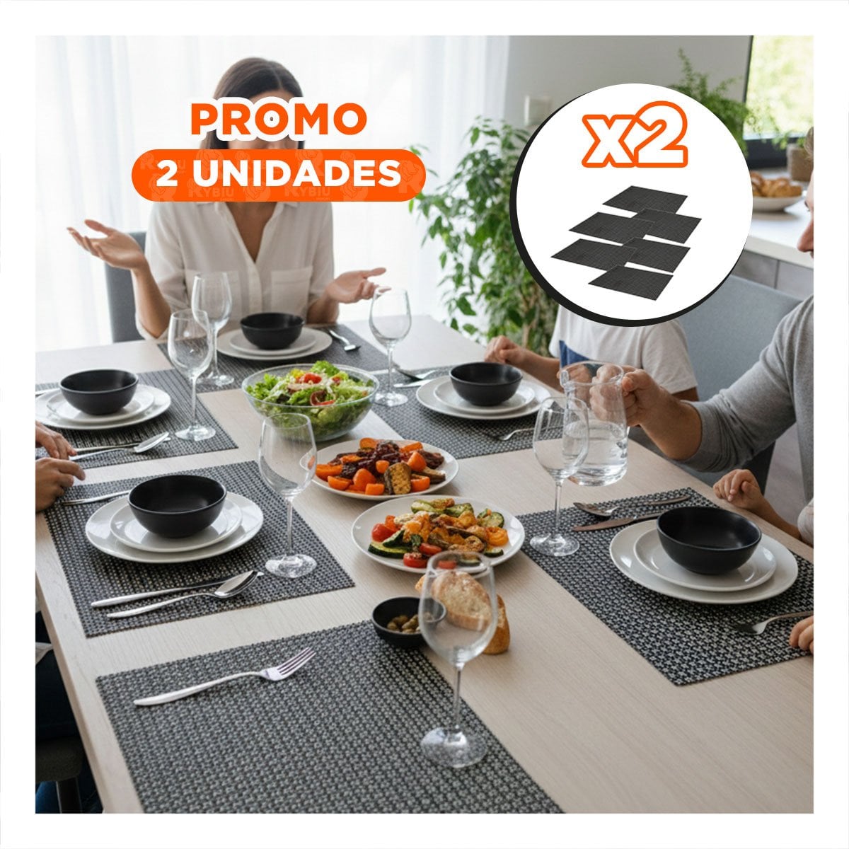 PACK2 JUEGO 6 INDIVIDUAL BLANCO Y NEGRO PATRON MALLA GRANDE 30X45CM PARA MESA Y+PAPEL REGALO - 1