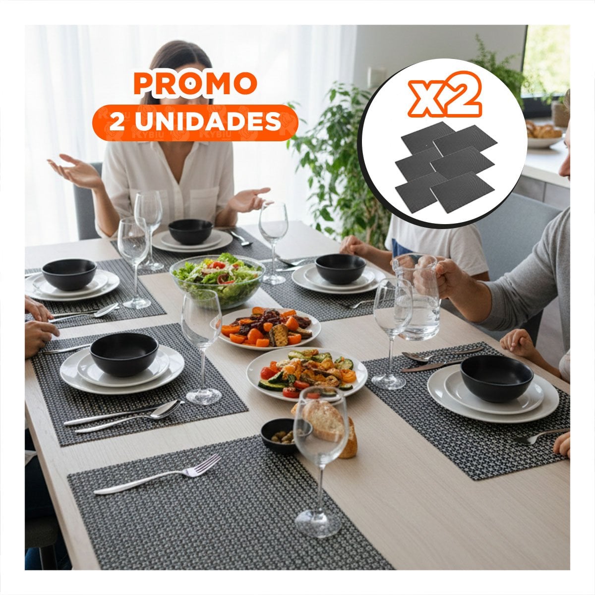PACK2 SET 6 INDIVIDUAL NEGRO Y BLANCO PATRON MALLA CHICA 30X45CM PARA MESA - 1