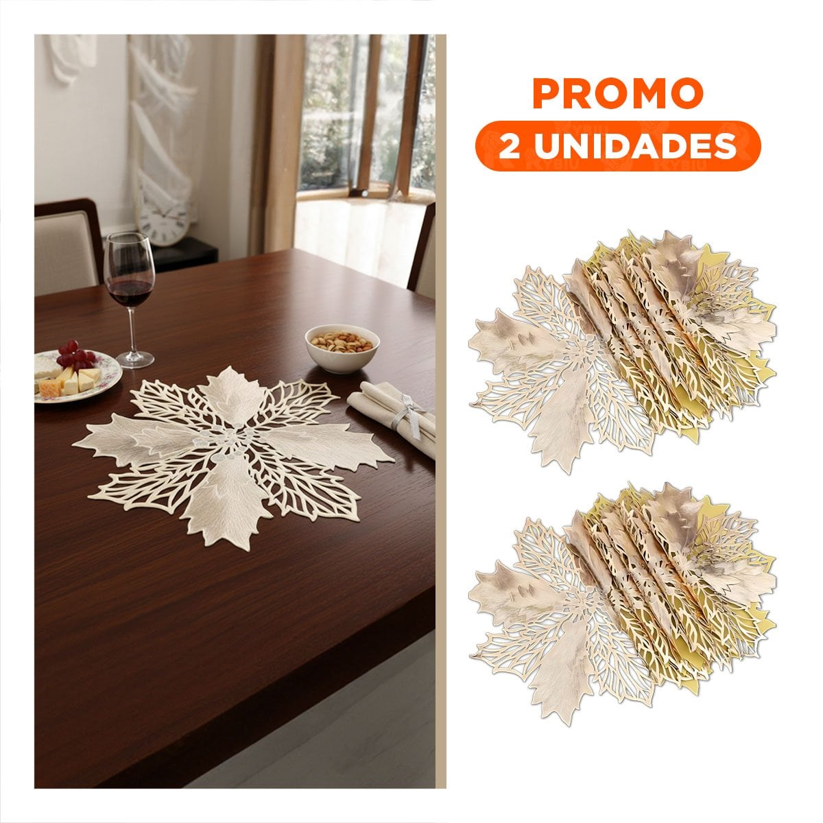 PACK2 JUEGO TEXTIL 6 INDIVIDUALES FLOR DE PINA DORADO 42X42 CM ESTILO FESTIVO Y+REGALO STICKER - 1