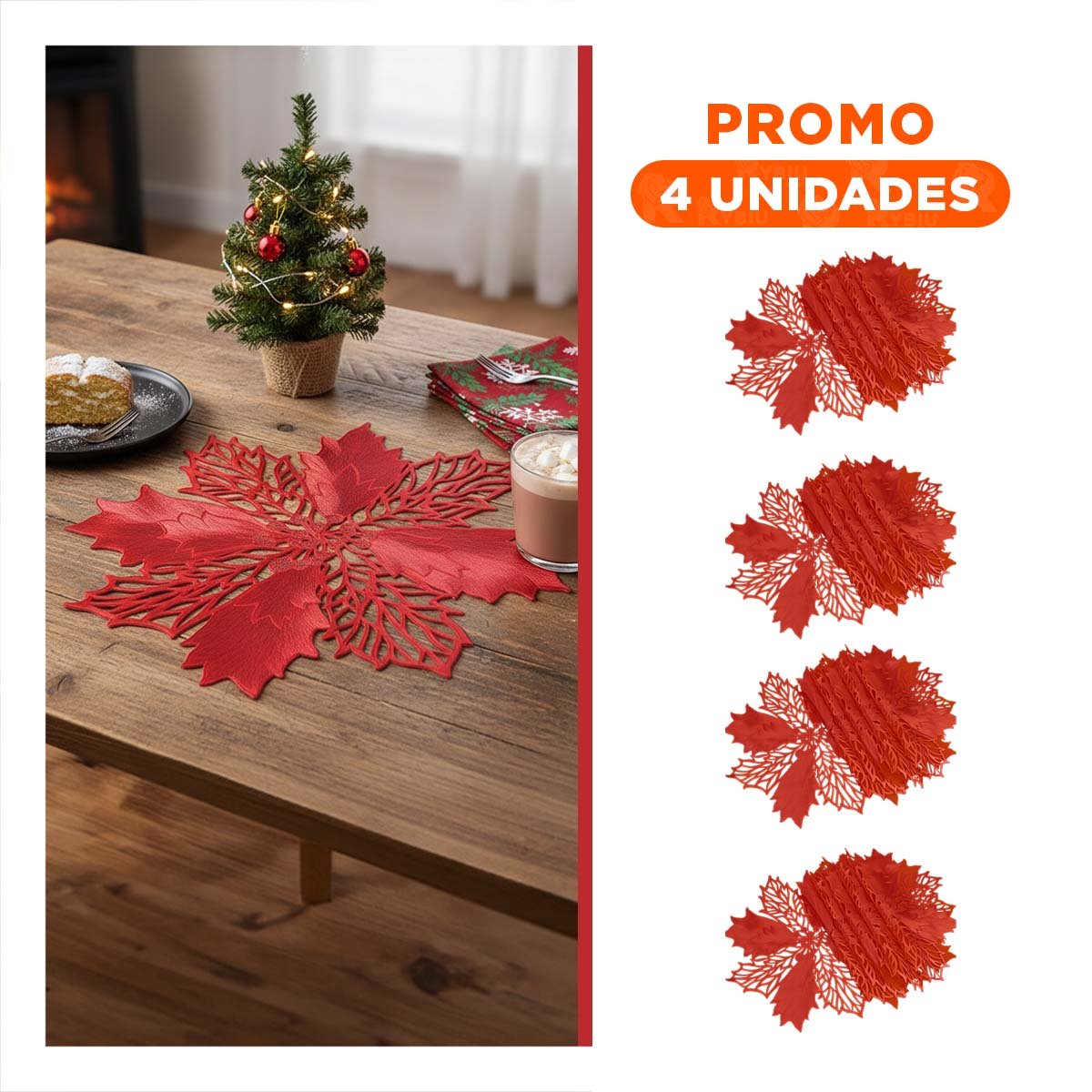 PACK4 JUEGO HOGAR 6 INDIVIDUALES FLOR DE PINA ROJO 42X42 CM DECORACION - 1