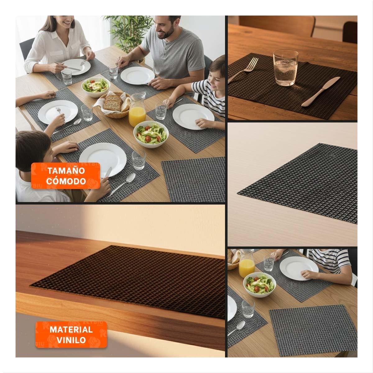 PACK6 KIT 6 INDIVIDUAL PATRON MALLA GRANDE 30X45CM NEGRO Y BLANCO PARA COMEDOR Y+PAPEL REGALO - 3