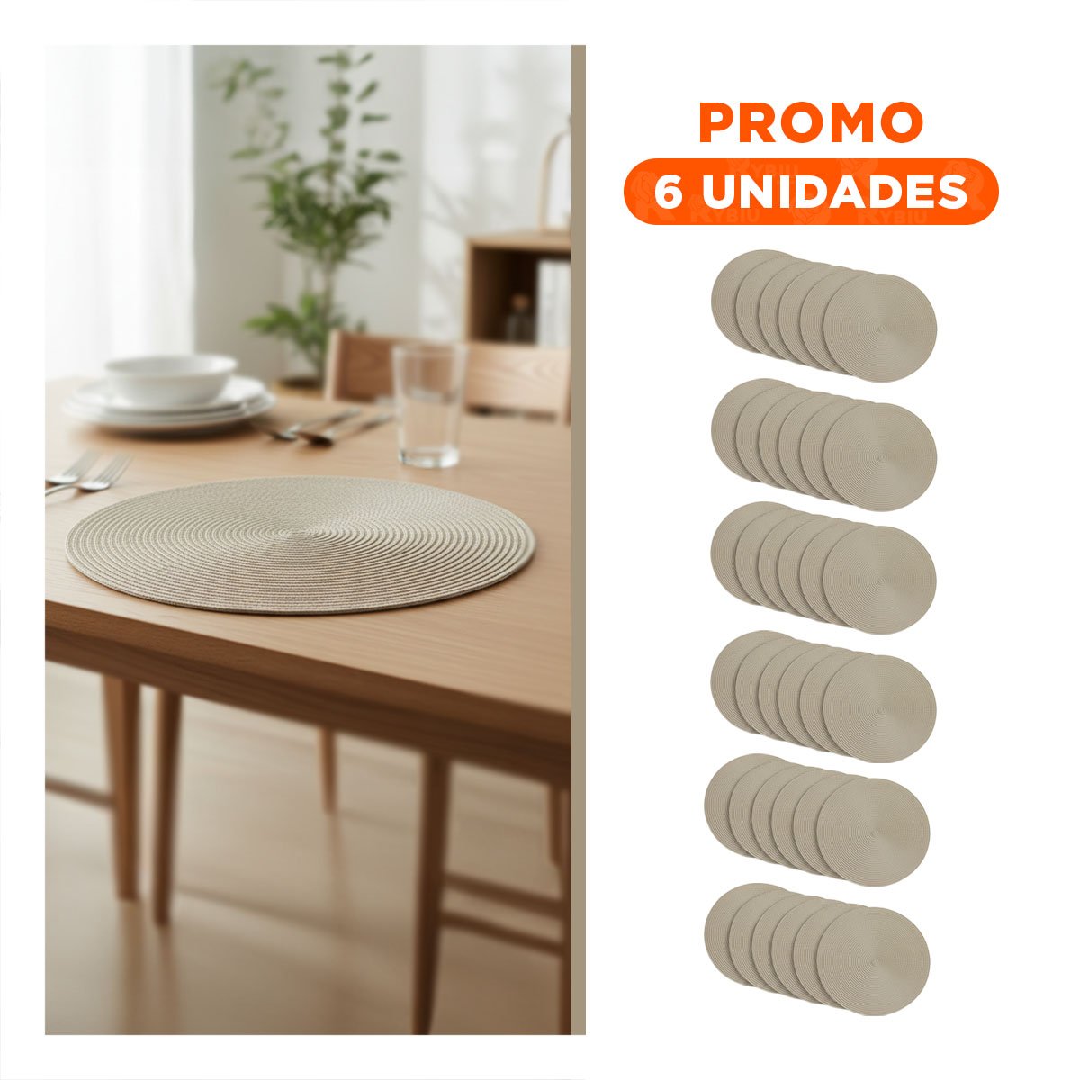 PACK6 TAPETE DE MESA CIRCULAR BOHO BEIGE OSCURO PARA COMEDOR Y+REGALO STICKER - 1