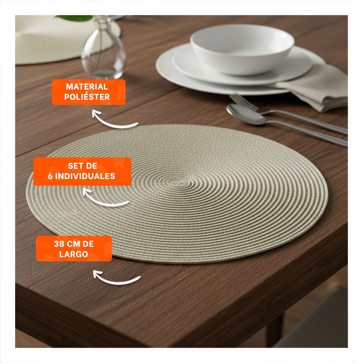 PACK6 TAPETE DE MESA CIRCULAR BOHO BEIGE OSCURO PARA COMEDOR Y+REGALO STICKER - 5