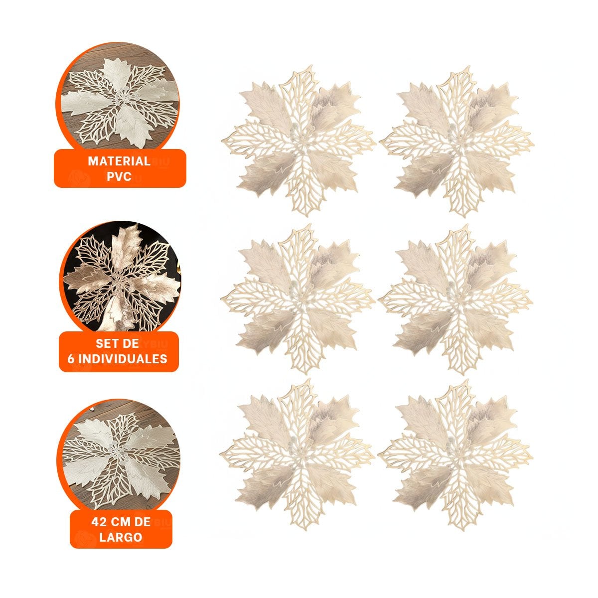 SET TEXTIL 6 INDIVIDUALES FLOR DE PINA DORADO 42X42 CM DECORACION NAVIDAD Y+PAPEL REGALO - 5