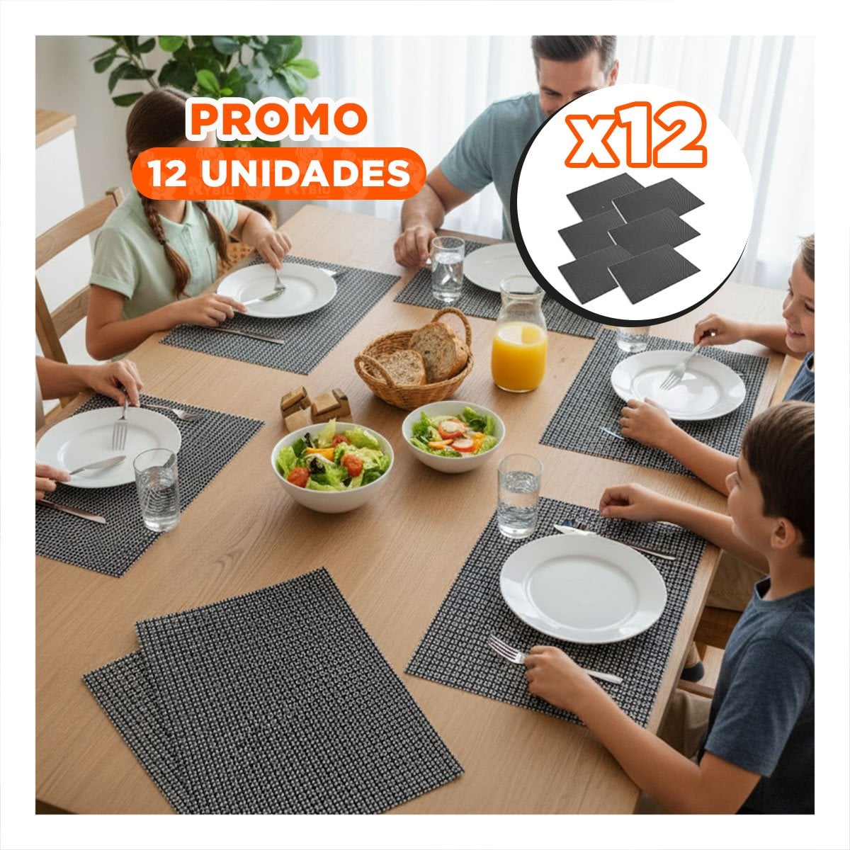 PACK12 SET 6 INDIVIDUAL PATRON MALLA CHICA 30X45CM NEGRO Y BLANCO PARA MESA Y+PAPEL REGALO - 1