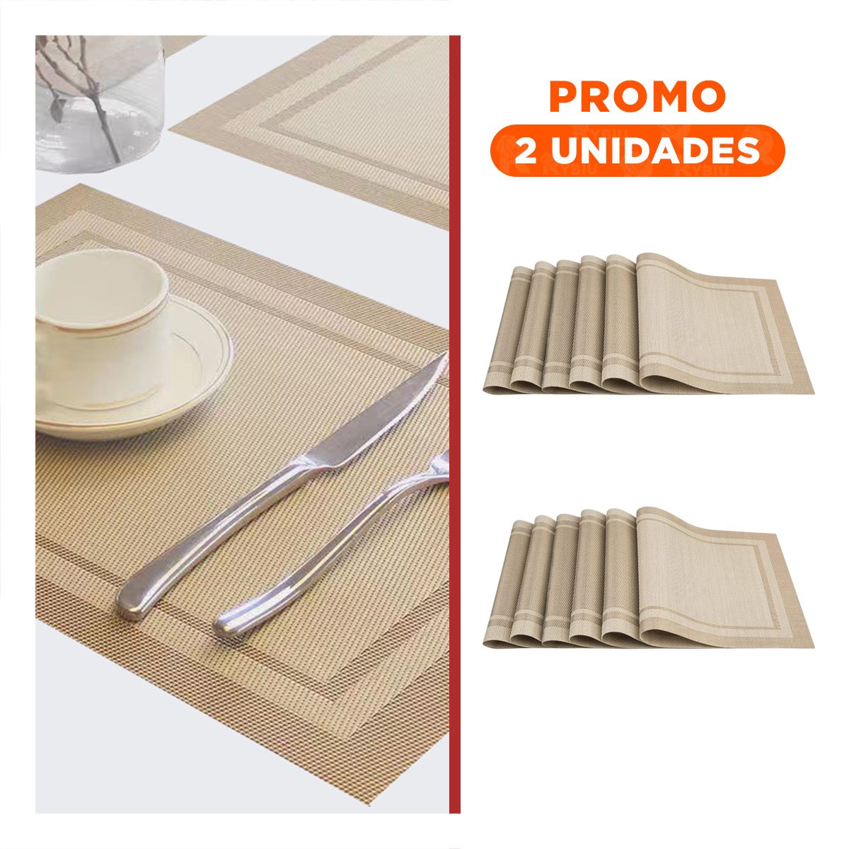 PACK2 JUEGO DECORATIVO DE MESA 6 INDIVIDUAL RECTANGULAR CON BORDE RAYAS DORADO Y+REGALO STICKER - 1