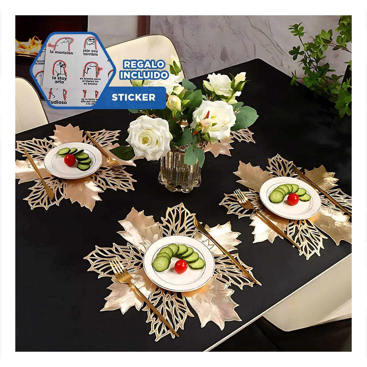 SET PARA MESA 6 INDIVIDUALES FLOR DE PINA DORADO 42X42 CM HOGAR NAVIDAD Y+LIGAS REGALO - 2