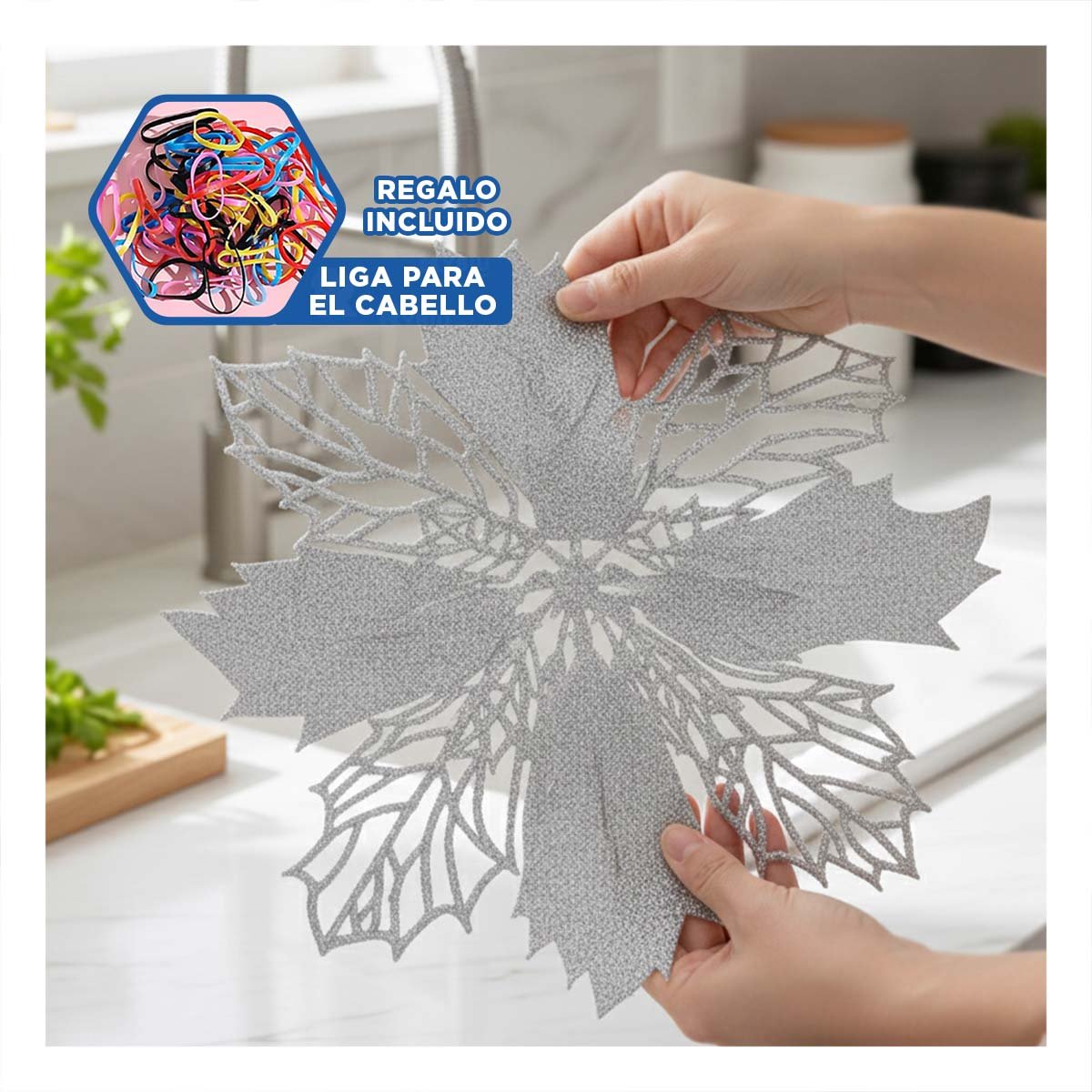 SET PARA MESA 6 INDIVIDUALES FLOR DE PINA PLATEADO 42X42 CM HOGAR NAVIDAD Y+LIGAS REGALO - 2