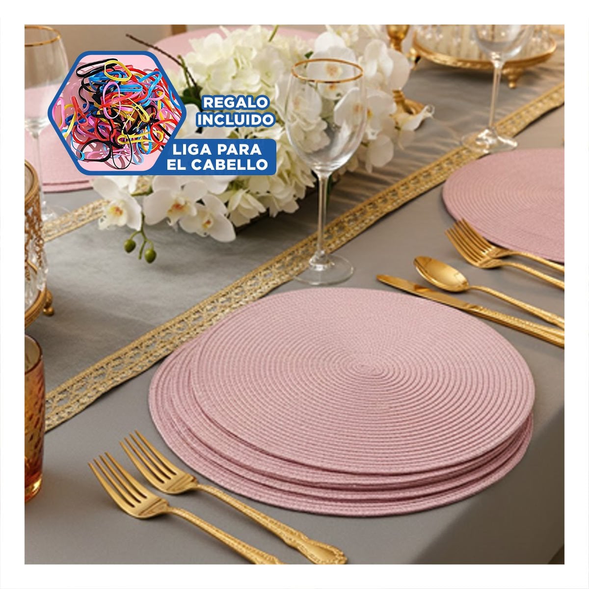 INDIVIDUAL TEXTIL CIRCULAR BOHO ROSADO PARA COMEDOR Y+LIGAS REGALO - 2