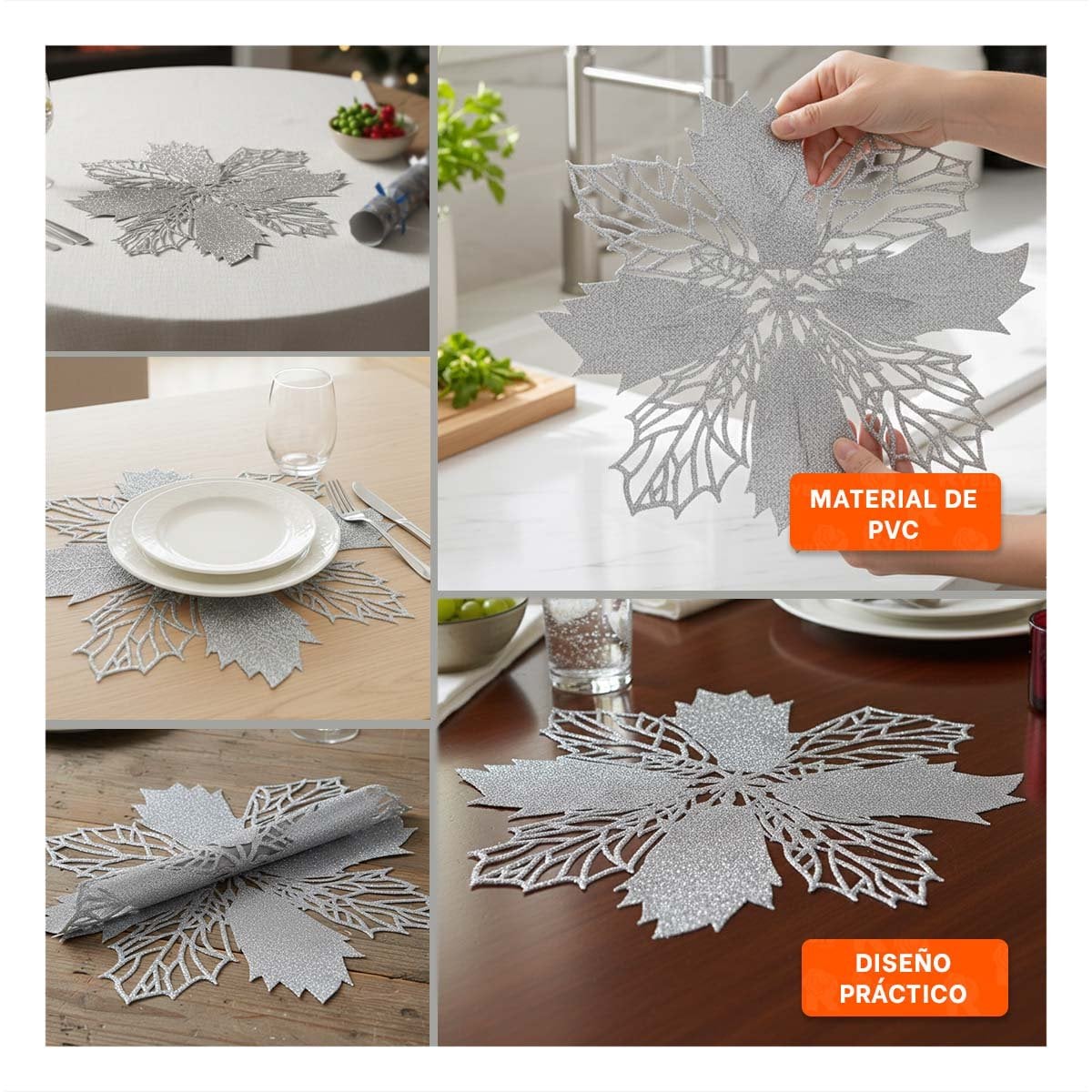 SET TEXTIL 6 INDIVIDUALES FLOR DE PINA PLATEADO 42X42 CM DECORACION NAVIDAD Y+PAPEL REGALO - 3