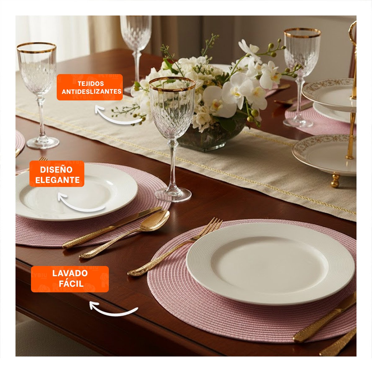 PACK6 MANTEL CIRCULAR ESTILO BOHO ROSADO PARA MESA DE COMEDOR - 2