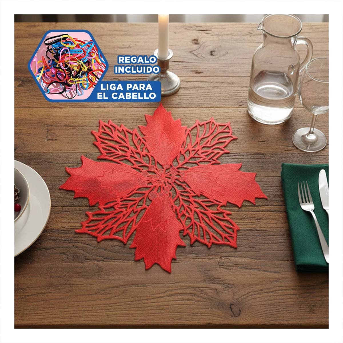 SET PARA MESA 6 INDIVIDUALES FLOR DE PINA ROJO 42X42 CM HOGAR NAVIDAD Y+LIGAS REGALO - 2