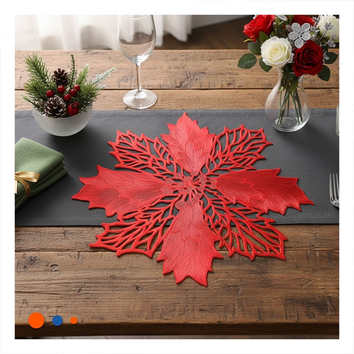 SET PARA MESA 6 INDIVIDUALES FLOR DE PINA ROJO 42X42 CM HOGAR NAVIDAD Y+LIGAS REGALO - 3