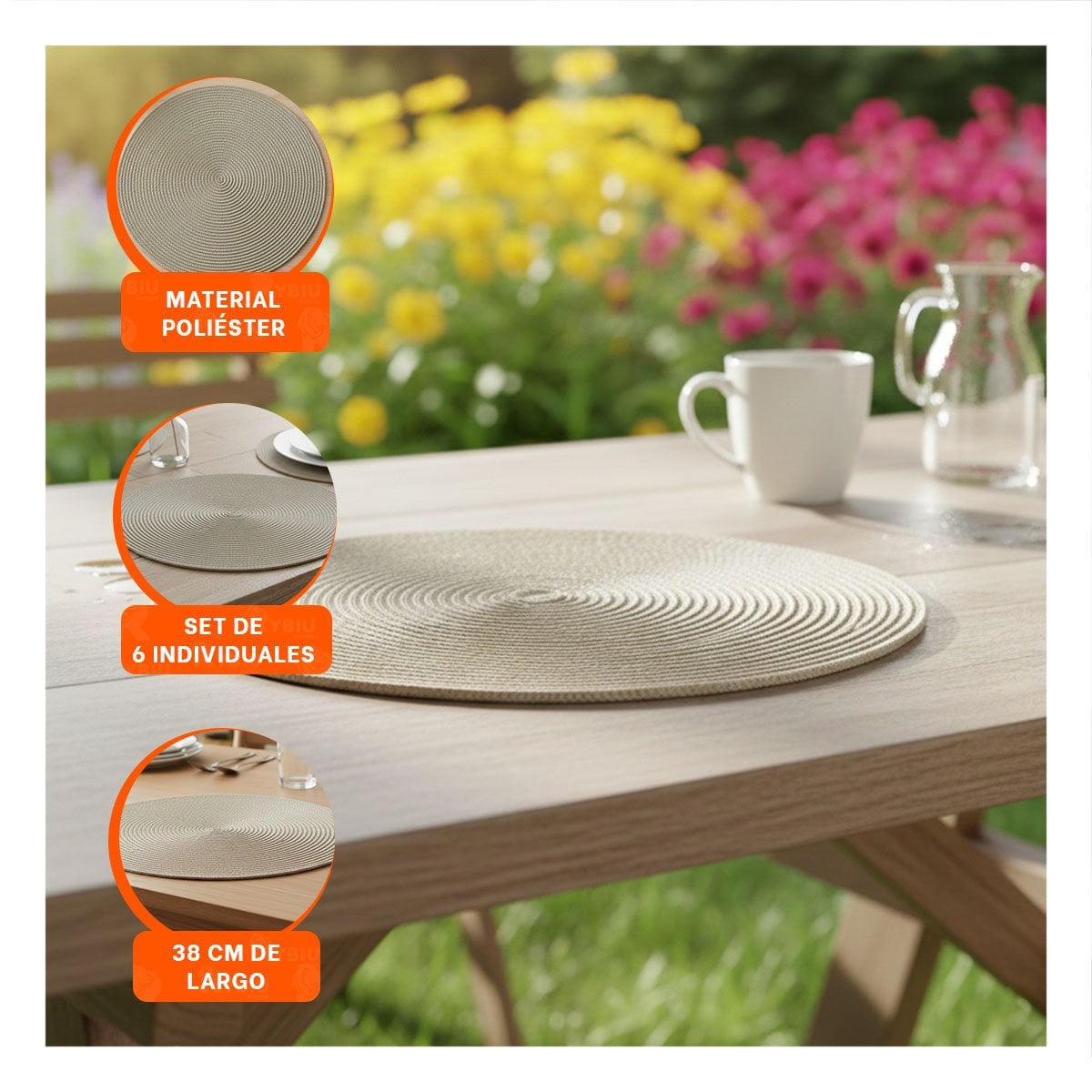 PACK4 TAPETE CIRCULAR BOHO BEIGE OSCURO PARA DECORACION DE MESA Y+REGALO STICKER - 5