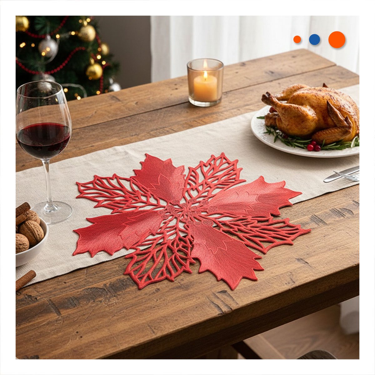 SET TEXTIL 6 INDIVIDUALES FLOR DE PINA ROJO 42X42 CM DECORACION NAVIDAD Y+PAPEL REGALO - 1