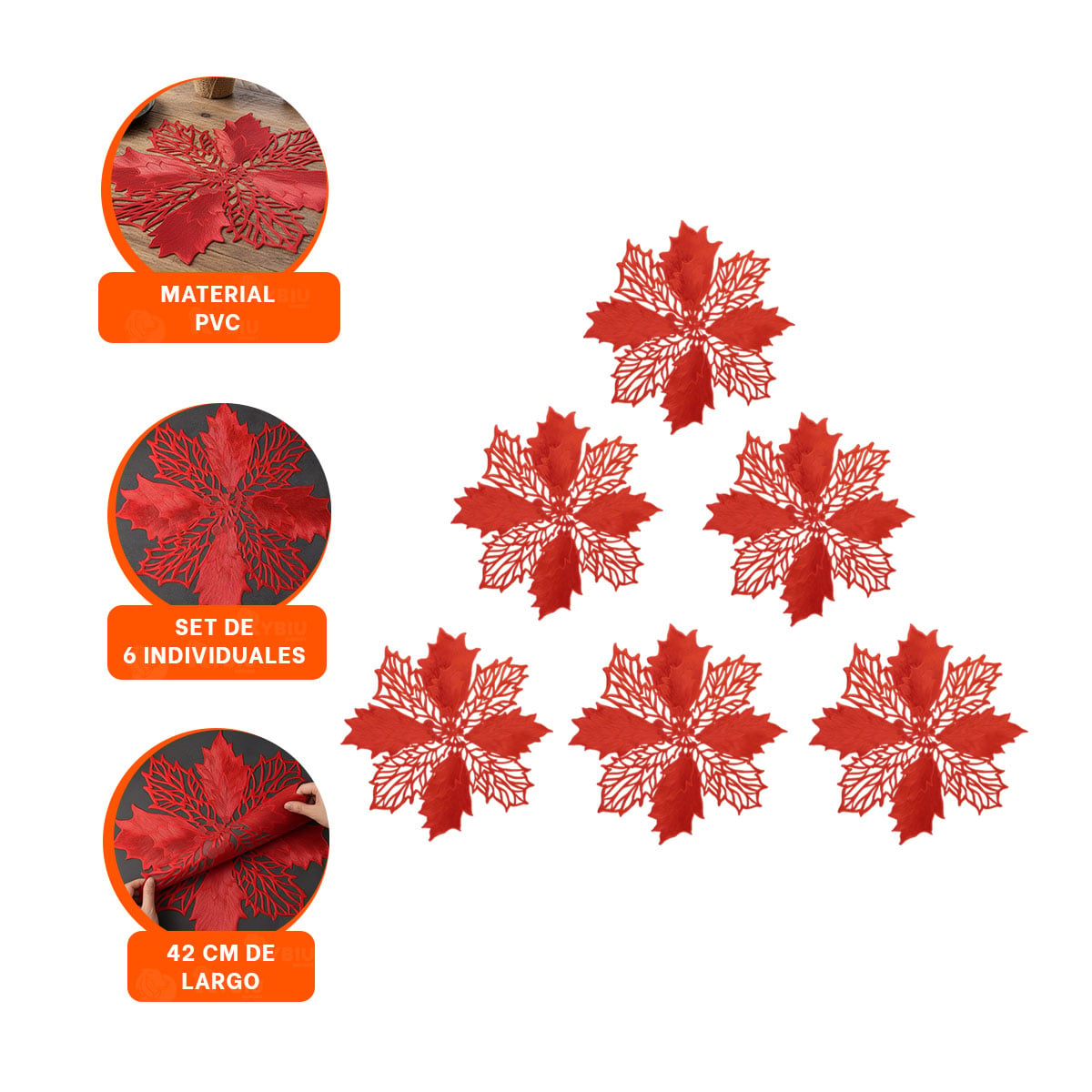 SET TEXTIL 6 INDIVIDUALES FLOR DE PINA ROJO 42X42 CM DECORACION NAVIDAD Y+PAPEL REGALO - 5