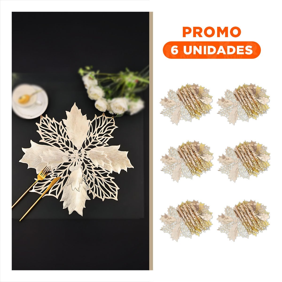 PACK6 CONJUNTO HOGAR 6 INDIVIDUALES FLOR DE PINA DORADO 42X42 CM DECORACION Y+REGALO STICKER - 1
