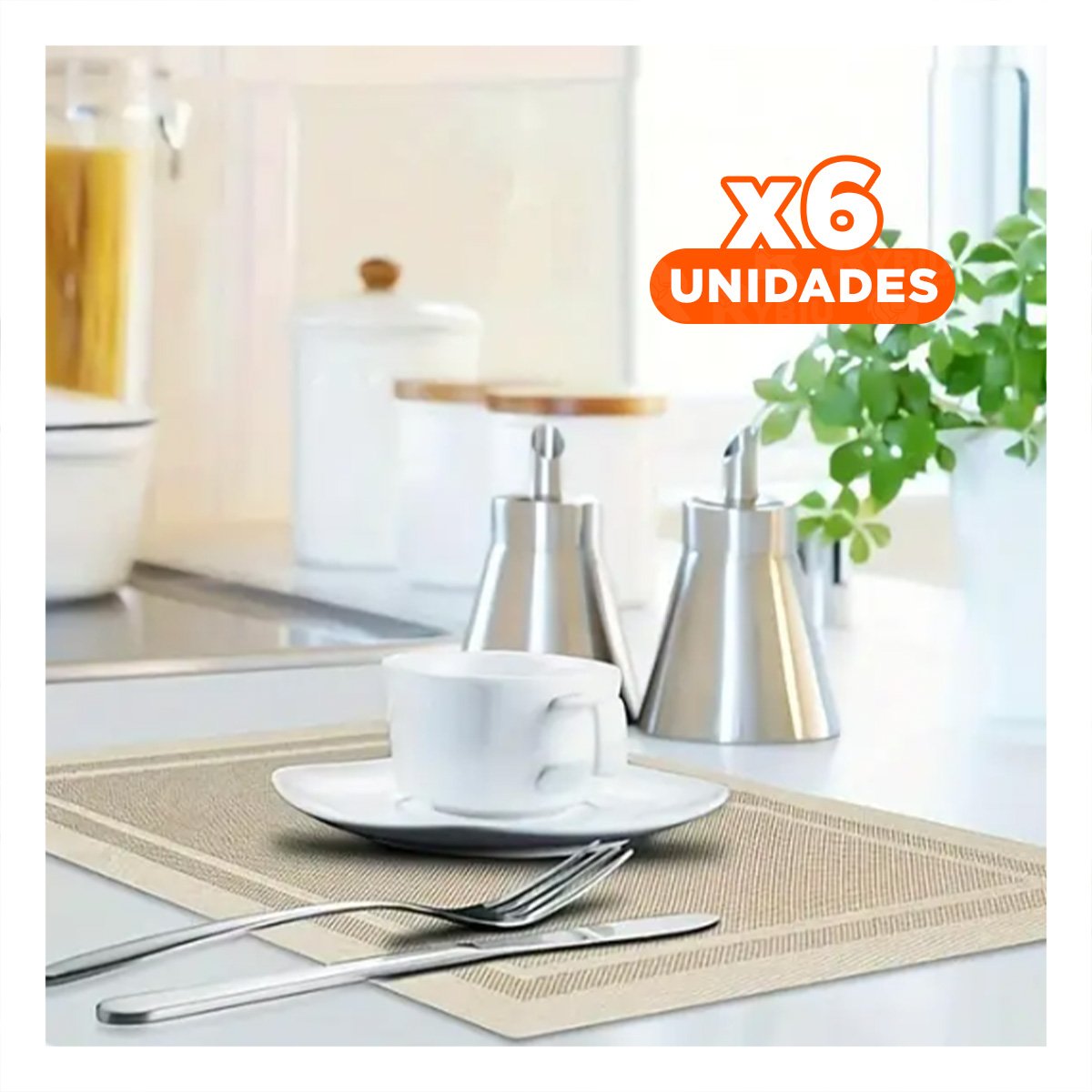 PACK6 CONJUNTO INDIVIDUAL RECTANGULAR 6 PIEZAS CON BORDE RAYAS DORADO COMEDOR - 1