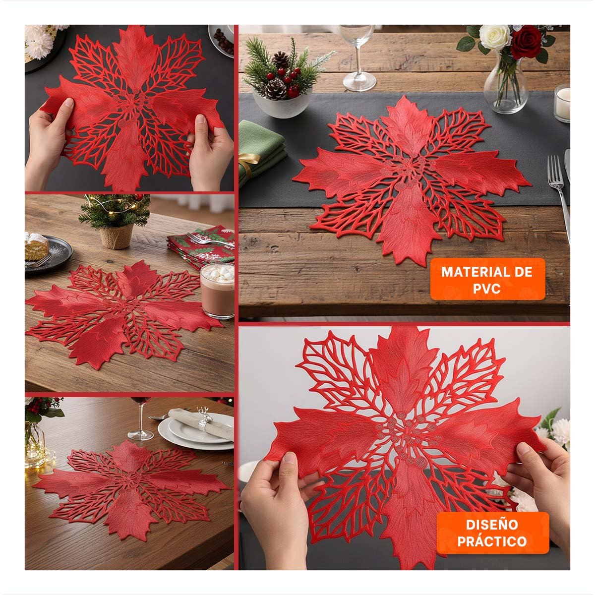 SET HOGAR 6 INDIVIDUALES FLOR DE PINA ROJO 42X42 CM DECORACION DORADA Y+POST IT - 2