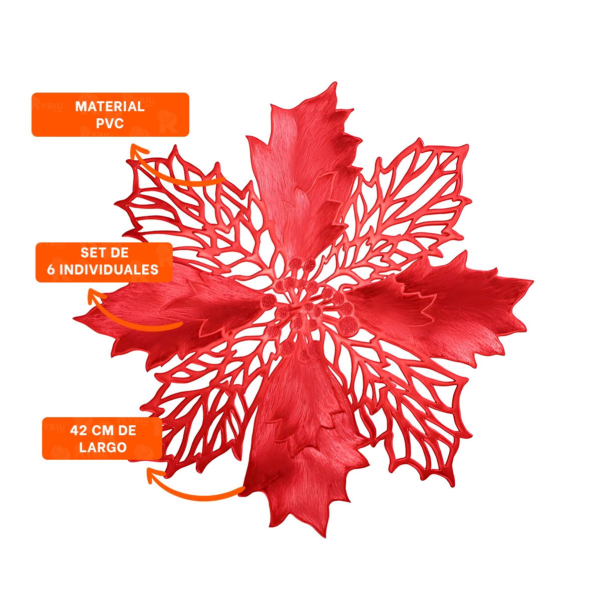 SET HOGAR 6 INDIVIDUALES FLOR DE PINA ROJO 42X42 CM DECORACION DORADA Y+POST IT - 5
