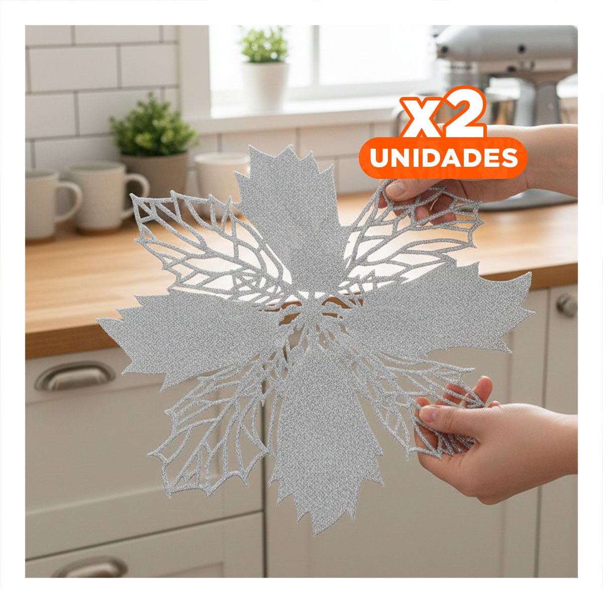 PACK2 JUEGO PARA MESA DE 6 INDIVIDUALES FLOR DE PINA PLATEADO 42X42 CM HOGAR Y+PAPEL REGALO - 1