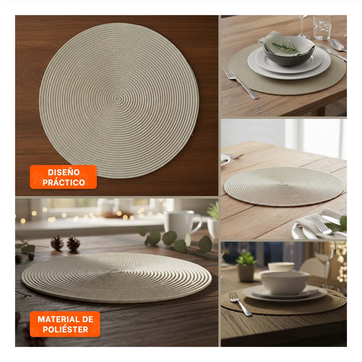 INDIVIDUAL TEXTIL CIRCULAR BOHO BEIGE OSCURO PARA COMEDOR Y+LIGAS REGALO - 1