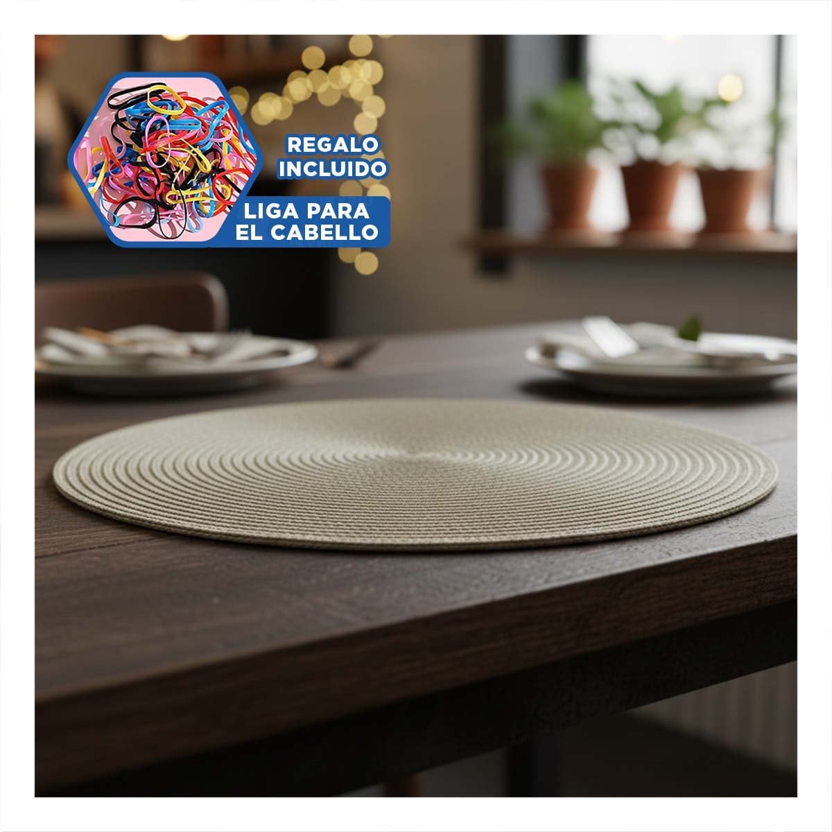 INDIVIDUAL TEXTIL CIRCULAR BOHO BEIGE OSCURO PARA COMEDOR Y+LIGAS REGALO - 2